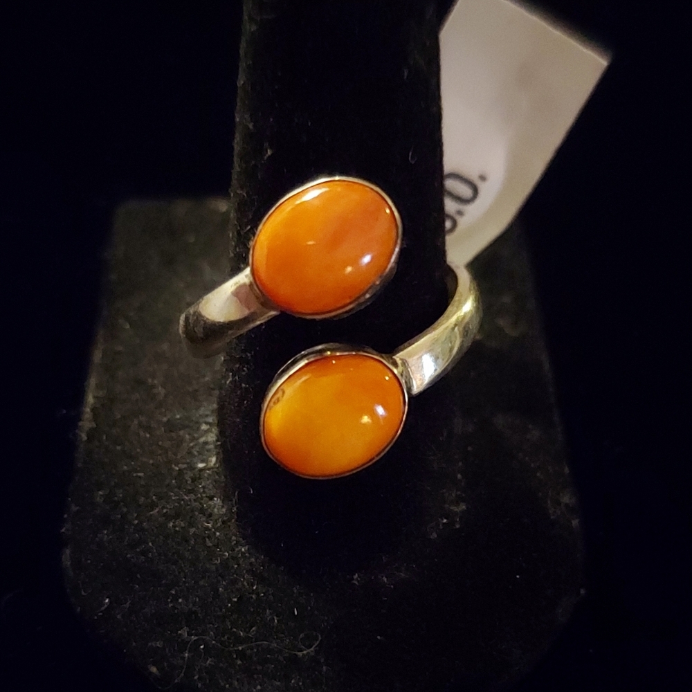 New Sterling Silver & Natural Orange Spiny Oyster Bypass Adjustable Ring